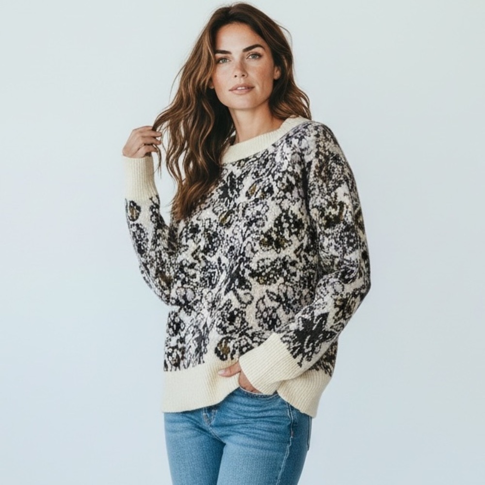 LOFT Painterly Floral Sweater with boatneck and side slits multi color